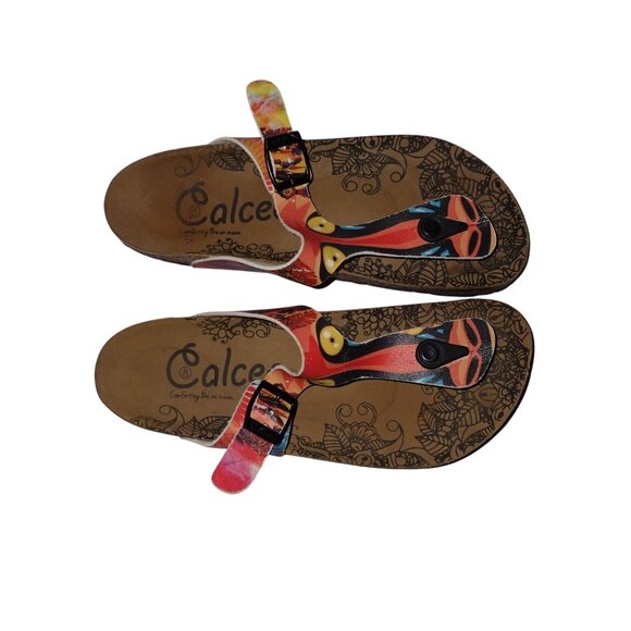 Calceo Colored Feathered Patterned Yellow-Eyed Chimp Patterned Sandal 40 US 8.5 - Picture 2 of 5